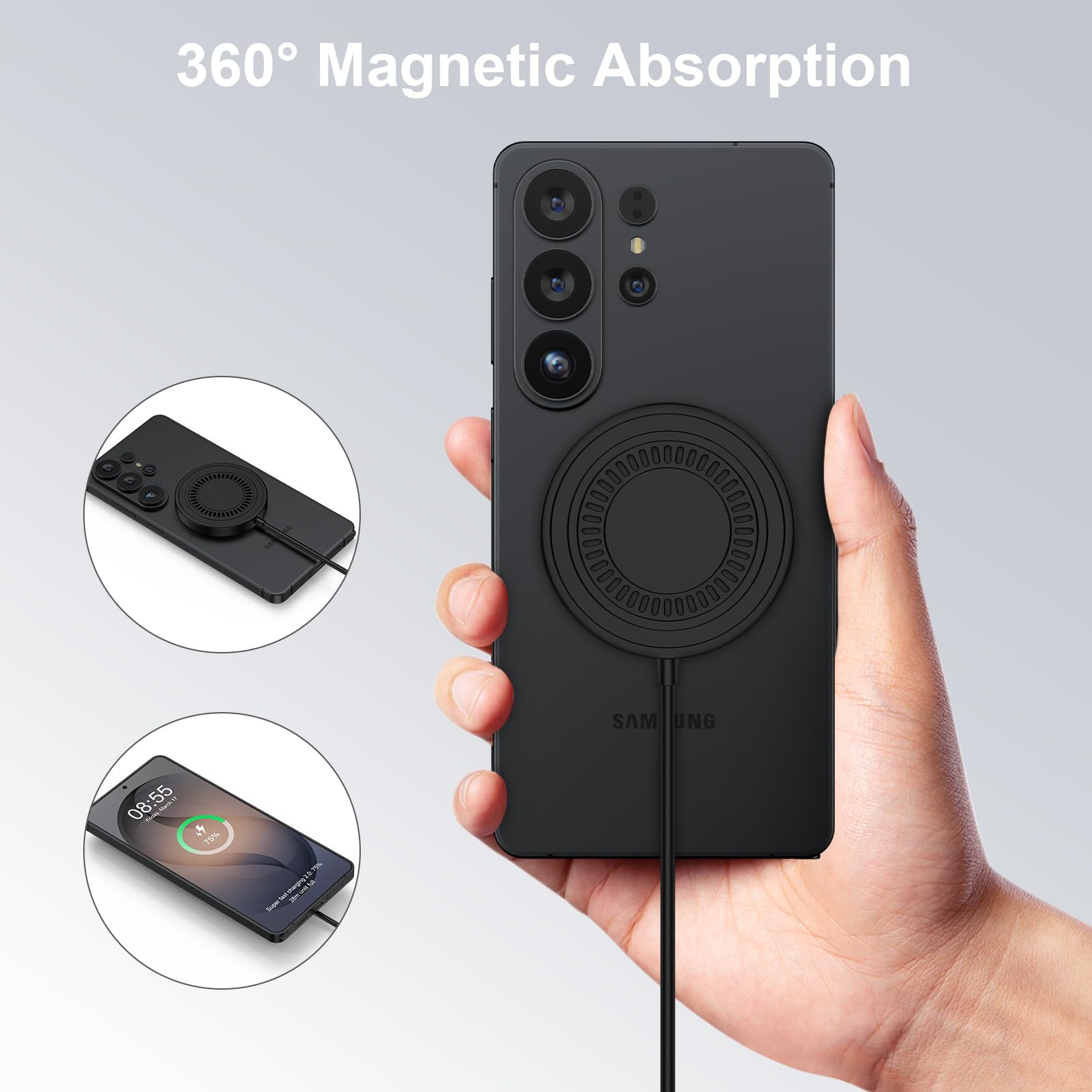 Confezione da 2 caricabatterie wireless magnetici, pad di ricarica rapida da 15 W per Samsung Galaxy S26 Ultra/S26+/S26, S25/S24, Pixel 10/9/8/7, iPhone 17/16/15/14/13/12, cavo USB-C da 1,2 m con