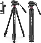 ULANZI MT-56 Ombra Video Travel Tripod, 63" Professional Camera Tripod with Fluid Pan-tilt Head, Aluminum DSLR Tripod Max Load 13.2 LB for Nikon Canon DSLR Camcorder, Phone Holder Included