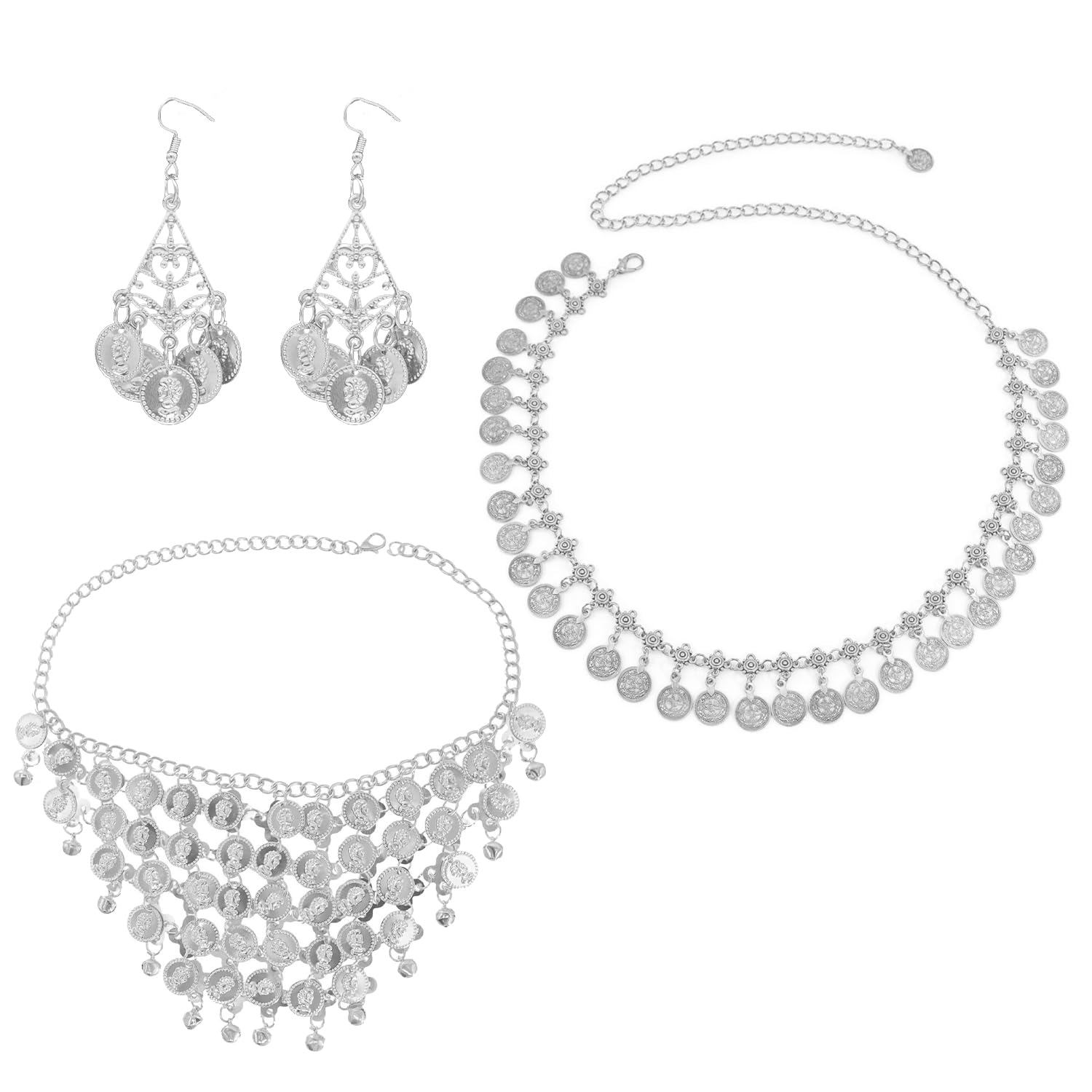 DIPZO Egyptian Costume Accessories Silver Hair Clips and Necklace for Cleopatra Party and Belly Dance Festival Performance