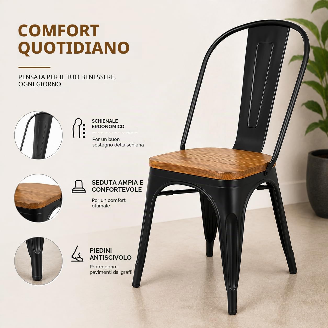 Kosmi - Set di 4 sedie in metallo nero e legno chiaro naturale, stile industriale