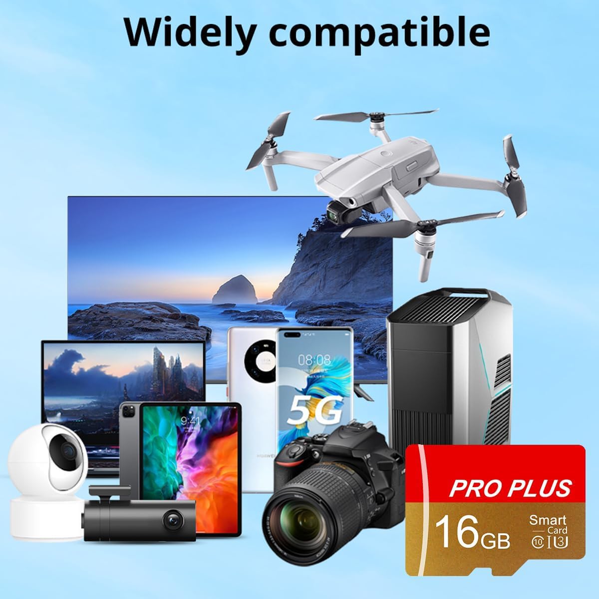 Scheda TF da 16 GB con adattatore, scheda di memoria ad alta velocità, UHS-I C10 A1, scheda di memoria TF per tablet, telefono cellulare, fotocamera, audio per auto, console di gioco (16 GB)