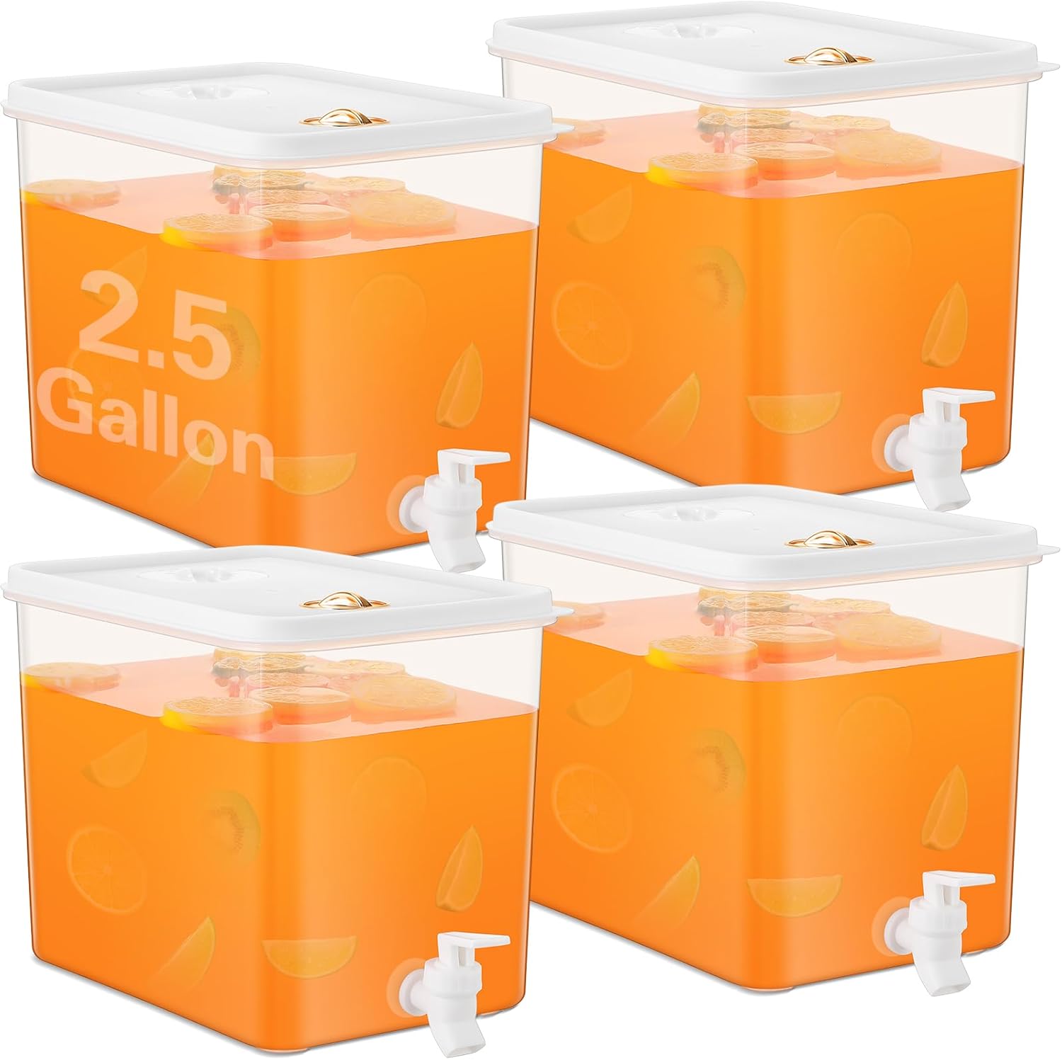 Domensi 4 Pack Fridge Beverage Drink Dispenser with Spigot Leak-proof Lids Filter Screen Juice Container Sealed Plastic Lemonade Water Milk Cold Hot Drink Tea Jug for Party Daily Use (2.5 Gallon)