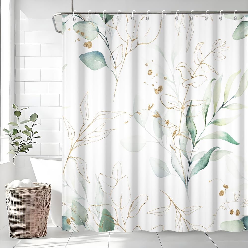 Uiiooazy Cortina de Ducha de Hoja Eucalipto, Cortinas de Ducha Verde Oro Abstracto Planta Cortinas de Baño Antimoho Impermeable Lavable Tejido de Poliéster Cortina Ducha con Ganchos 90x180cm — view 238