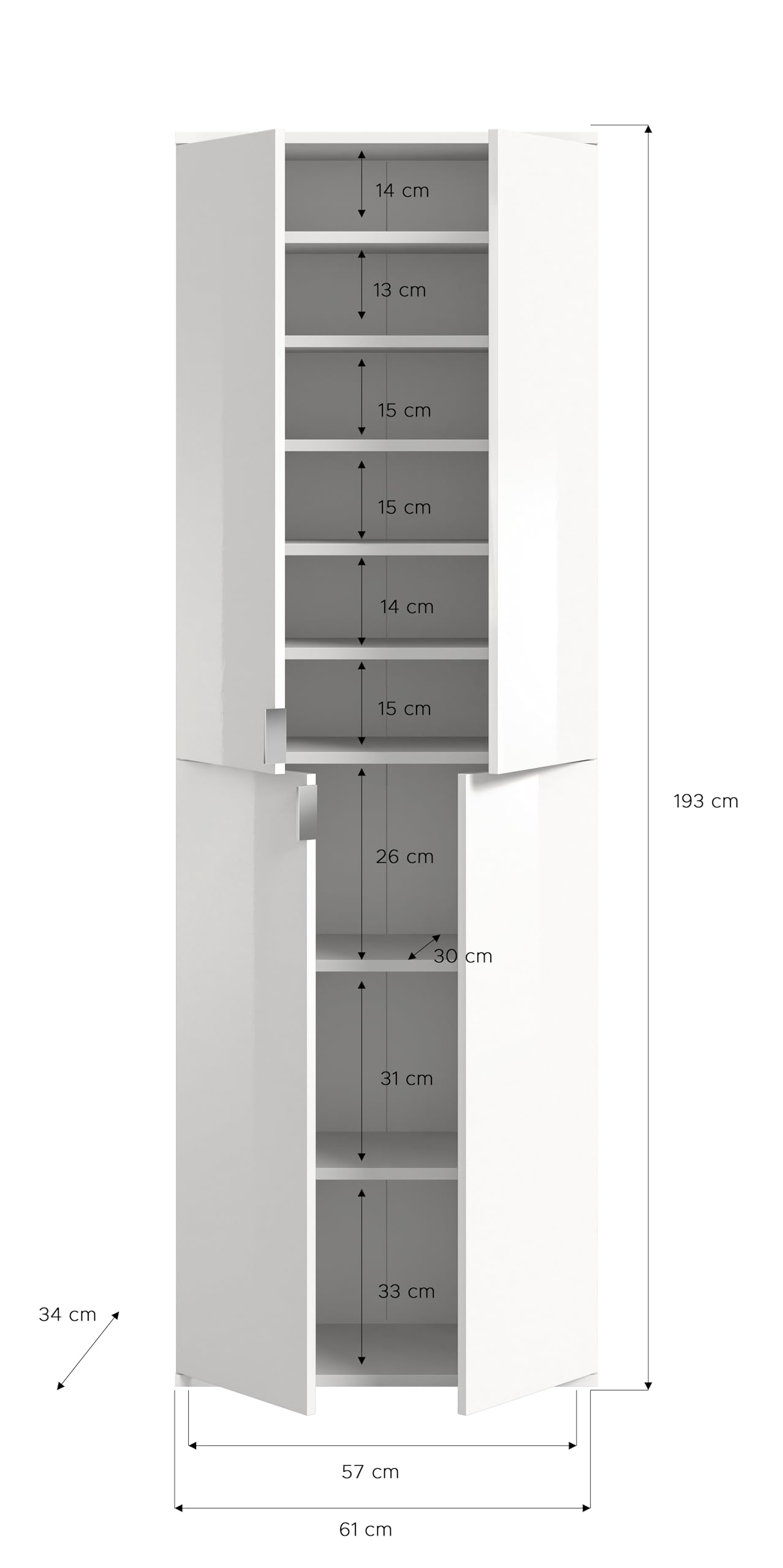 xonox.home - Hochschrank Projekt X 61x193x34 cm in weiß und weiß Hochglanz - Flurschrank Möbelstück Garderobenschrank - hochwertig verarbeitet nordisches Design stilvolles Ambiente – Bild 4