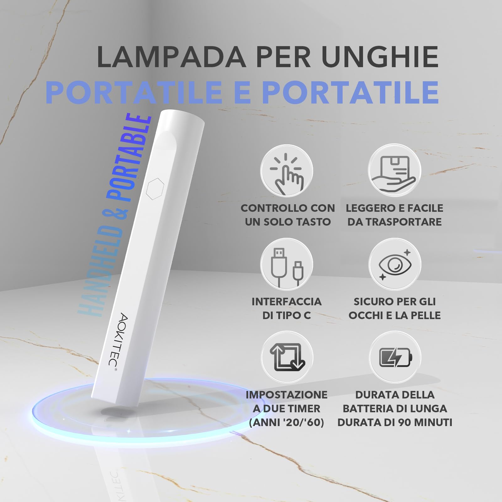 Aokitec Lampada UV LED Unghie, Lampada portatile per unghie, lampada semipermanente unghie, Unghie delle mani e dei piedi ad asciugatura rapida, Previene l'oscuramento della pelle intorno alle unghie