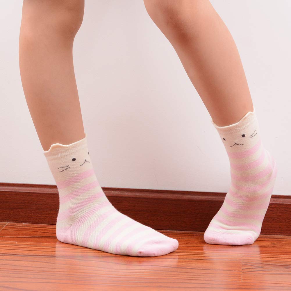 T.H.L.S Mädchen Socken 5 Paar Kinder Baumwolle Tiere Katze Bär Kleinkind Crew Socken 1-11 Jahre, Niedliches Katzengesicht, 1-3 Jahre