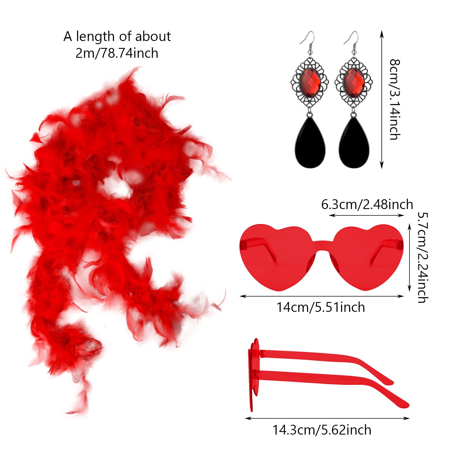 GWAWG 3 Pcs Feather Boa Set, 2 m Colourful Feather Boa with Heart Glasses and Red Earrings, Red Fluffy Boas - Image 2