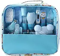 Kit Higiene Bebê Premium 13 em 1 - Estojo Completo com Tesoura, Pente, Termômetro, Cortador - Bolsa Organizada e Livre de BPA (Azul)