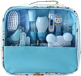 Kit Higiene Bebê Premium 13 em 1 - Estojo Completo com Tesoura, Pente, Termômetro, Cortador - Bolsa Organizada e Livre de BPA (Azul)