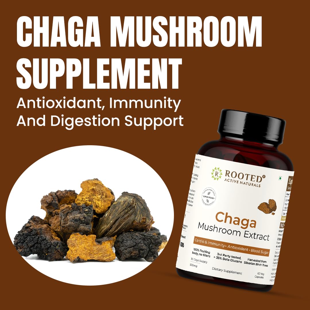Rooted Active's Organic Chaga Capsules - Immune System Support Supplement, Antioxidant Activity Support, Regulate Body Functions, Immune Support vegan Extract, Dietary Mushroom Supplement (60 Caps) - Image 3 thumbnail
