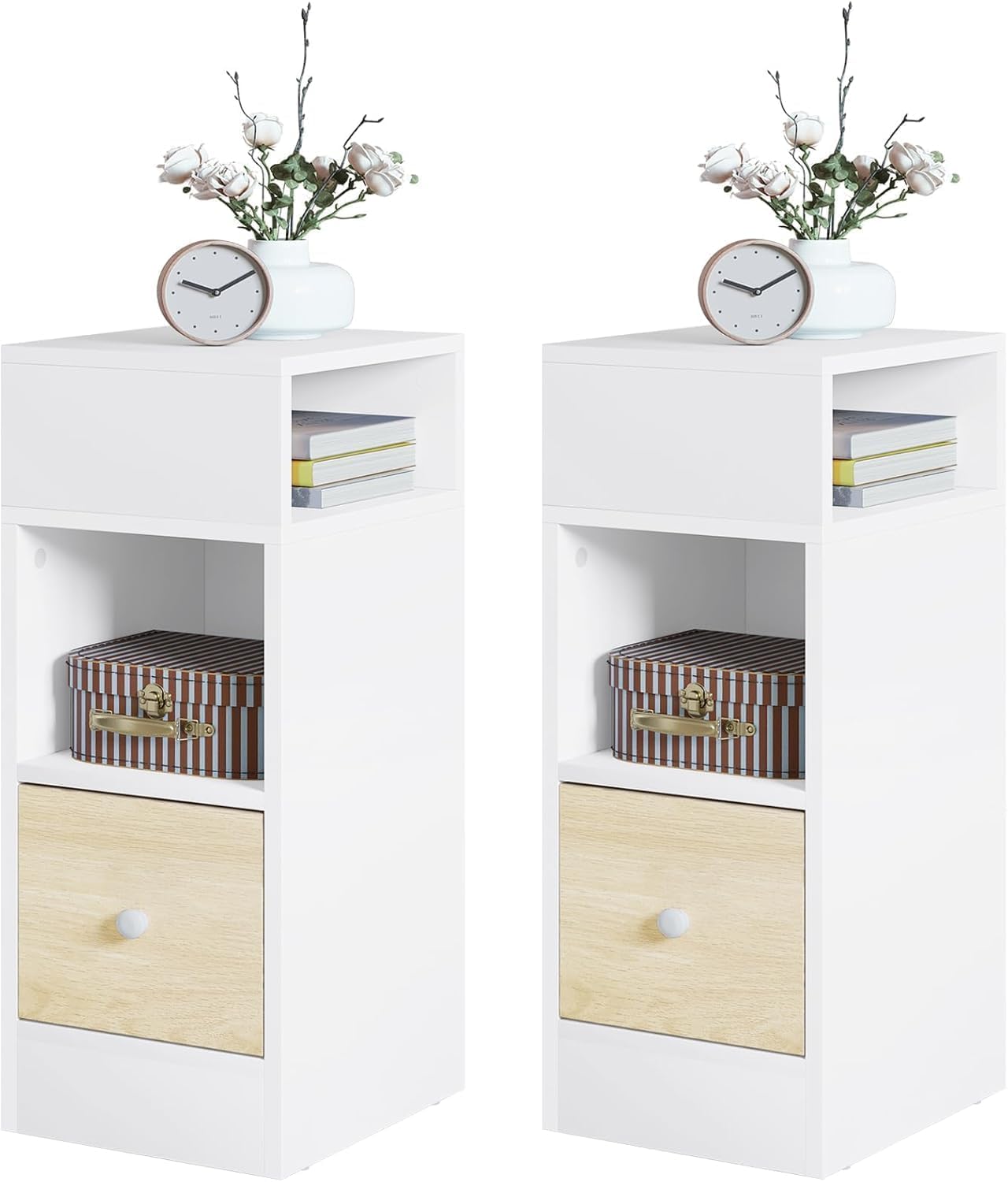 EUGAD Set of 2 Narrow Bedside Tables, Slim Nightstands with 2 Open Compartments and 1 Drawer Each, Space Saving Wooden Cabinets for Bedroom Living Room, White and Woodlook, 25x30x66 cm, 0011CTG-2