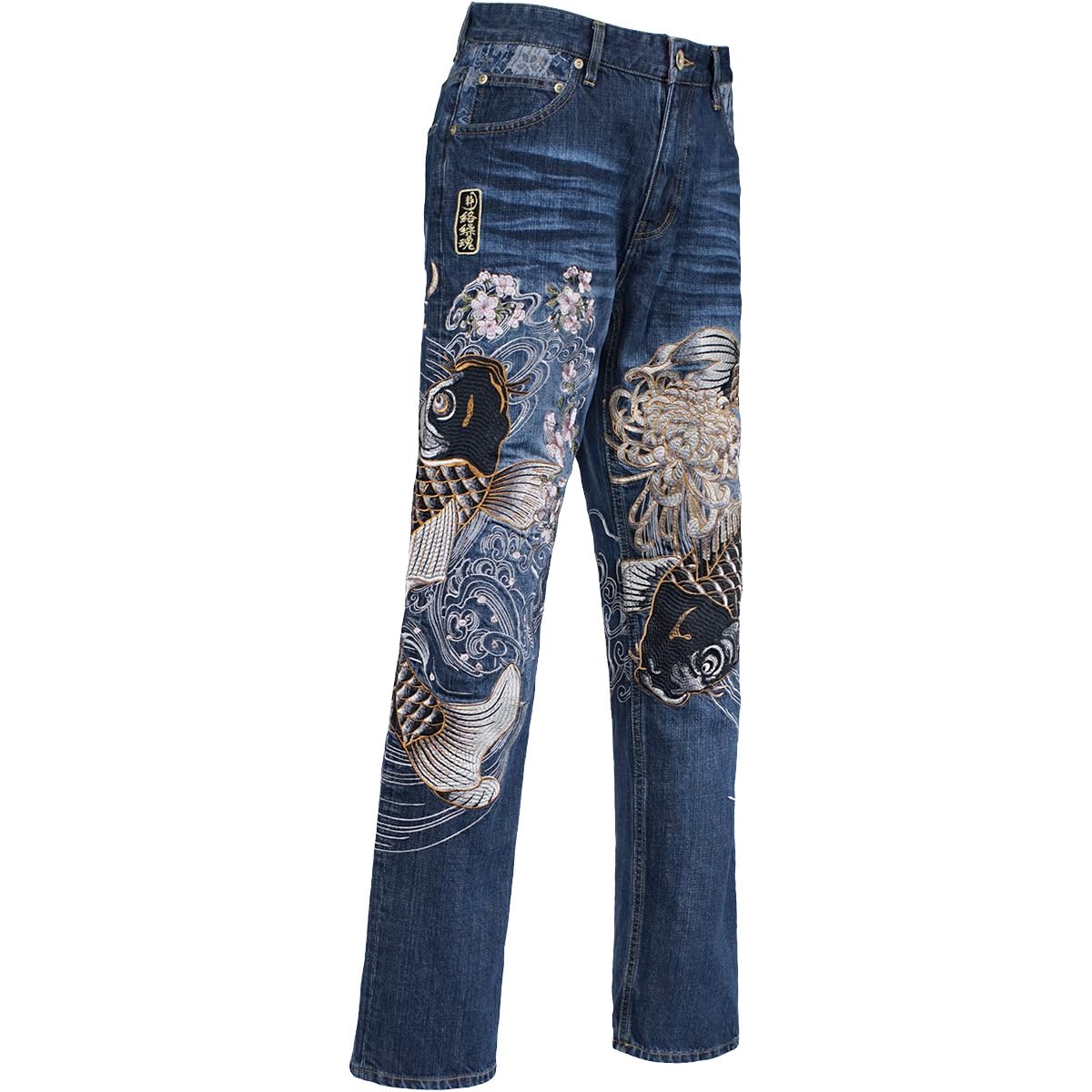 Amazon | [絡繰魂] 粋 デニム 和柄 総刺繍 鯉 波 ロングパンツ メンズ