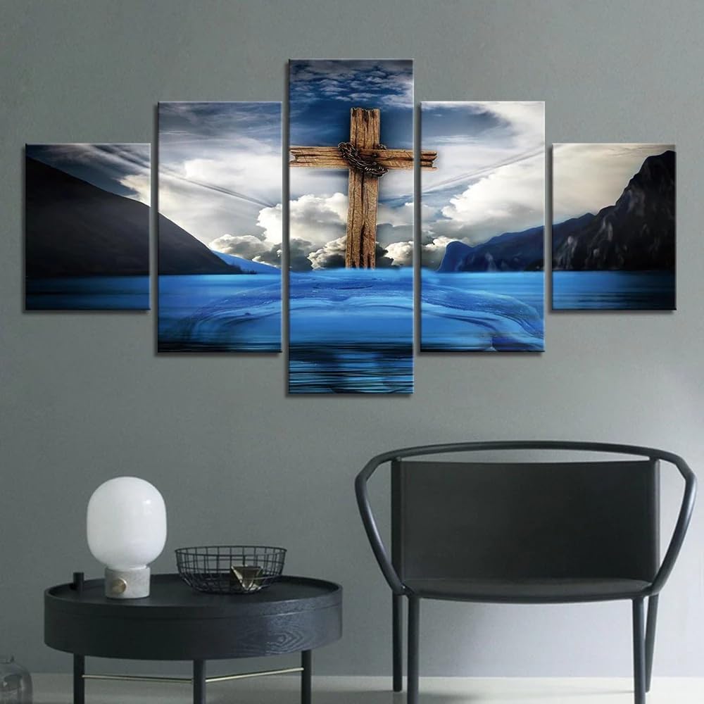 Tableau décoration murale salon Jésus Croix Chrétienne poster 5 parties