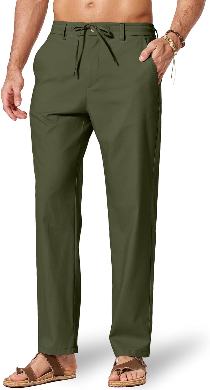 COOFANDY Men's Cotton Linen Pants Casual Drawstring Dress Pants Beach Summer Lightweight Trousers