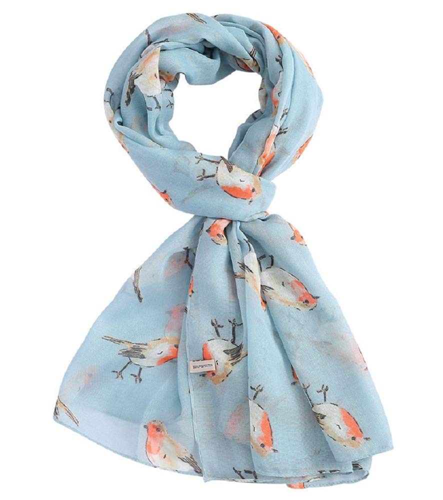 Lilyrosa Women's Sky Blue Grey Robin Scarf, White Blue Red Robins Bird Festive Christmas Scarves Shawl Wrap (Sky Blue)