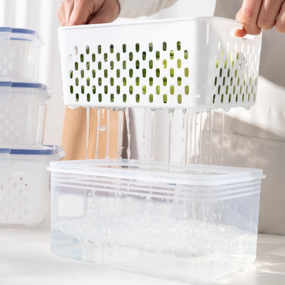SHINEOFI Contenedores de Alimentos Rectangulares 3 Piezas Transparentes con Tapa y Cesta Escurridora Desmontable para Refrigerador, Cajas Herméticas para Frutas y Verduras, Almacenamiento