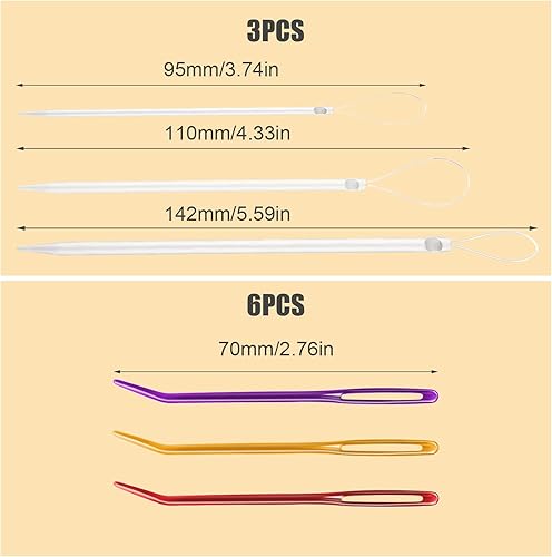 Miniatura 2 de KINBOM 9 agujas de coser, de aluminio coloridas, punta doblada de ojo grande, aguja para tejer, hilo de lana para tejer, agujas de ensanchar para