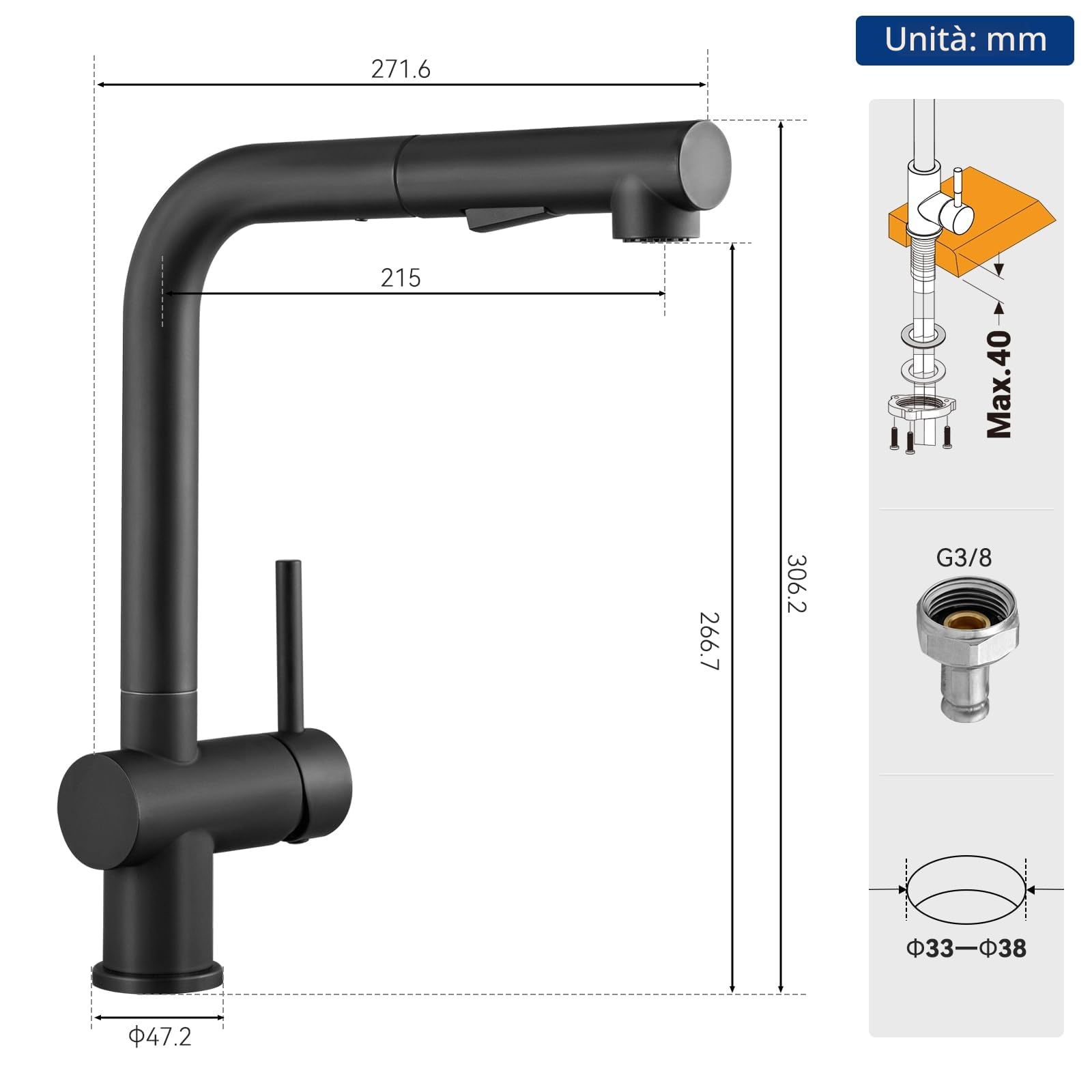 CECIPA Rubinetto Cucina Nero con 2 Getto, Miscelatore Cucina con Doccetta Estraibile, Rubinetto Lavello Cucina Nero Girevole a 360°, Miscelatore Lavello in Acciaio lnox (Nero)