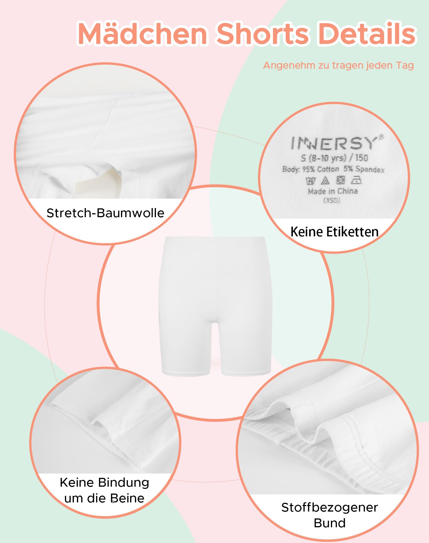 INNERSY Spodenki kolarskie, dziewczęce, bawełniane, krótkie legginsy pod sukienkę dla nastolatków 8-16 lat, 3 sztuki w