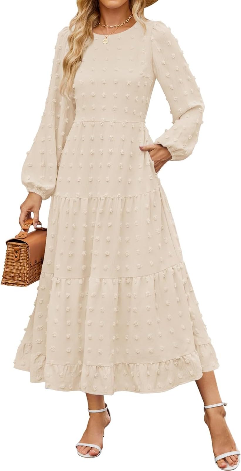 LLECDASEUI Women's Fall Boho Midi Dress Swiss Dot Tiered Flowy Dress Long Sleeve Round Neckline A-Line Wedding Guest Dress, beige, S