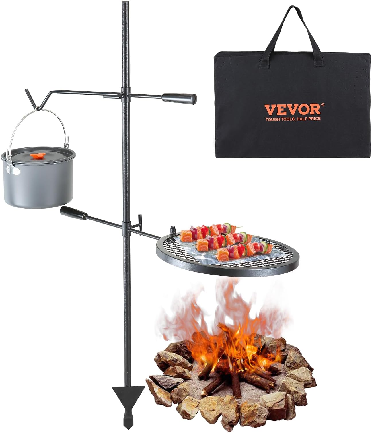 VEVOR Rotatable Campfire Grill, Fire Pit Grill, Heavy Duty Steel Grill Grill, 360° Adjustable, Open Fire Outdoor Cooking Equipment, Portable Campfire Rack for Camping, Outdoor, Barbecue