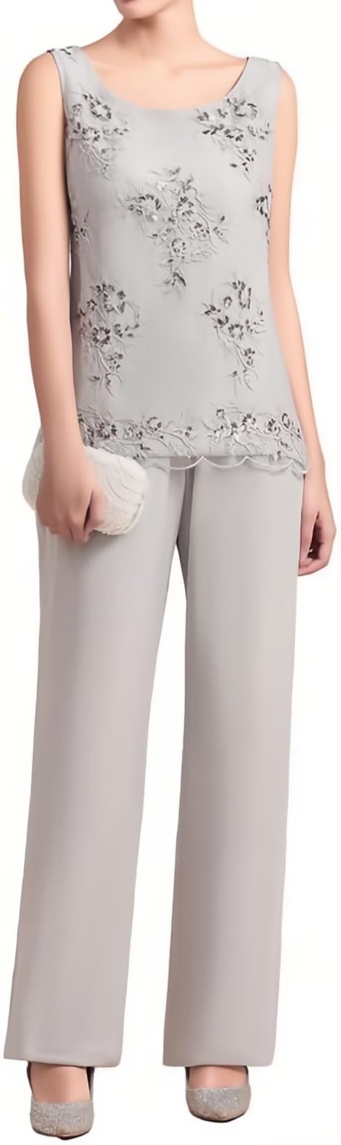 Damen 3 Teilig Hosenanzug für Hochzeit,Langarm Spitze Festlich Formelle Abendanzüge mit Bolero Chiffon Große Größen Hosenanzug