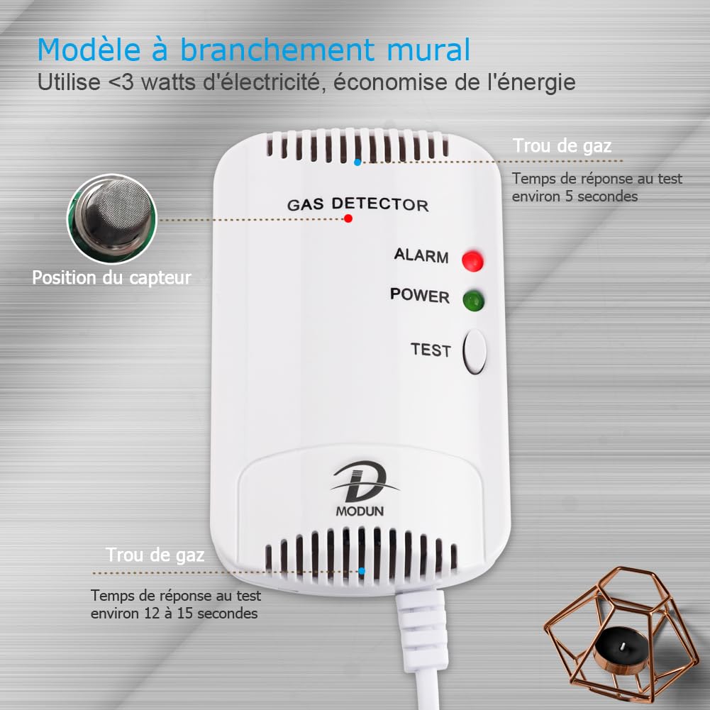 D MODUN Détecteur de Gaz, Fuite de gaz Gaz Naturel/GPL/Charbon, Moniteur de gaz Méthane Propane Butane, 100dB Avertissement de Lumière Stroboscopique, Alarme de gaz enfichable Convient pour la cuisine