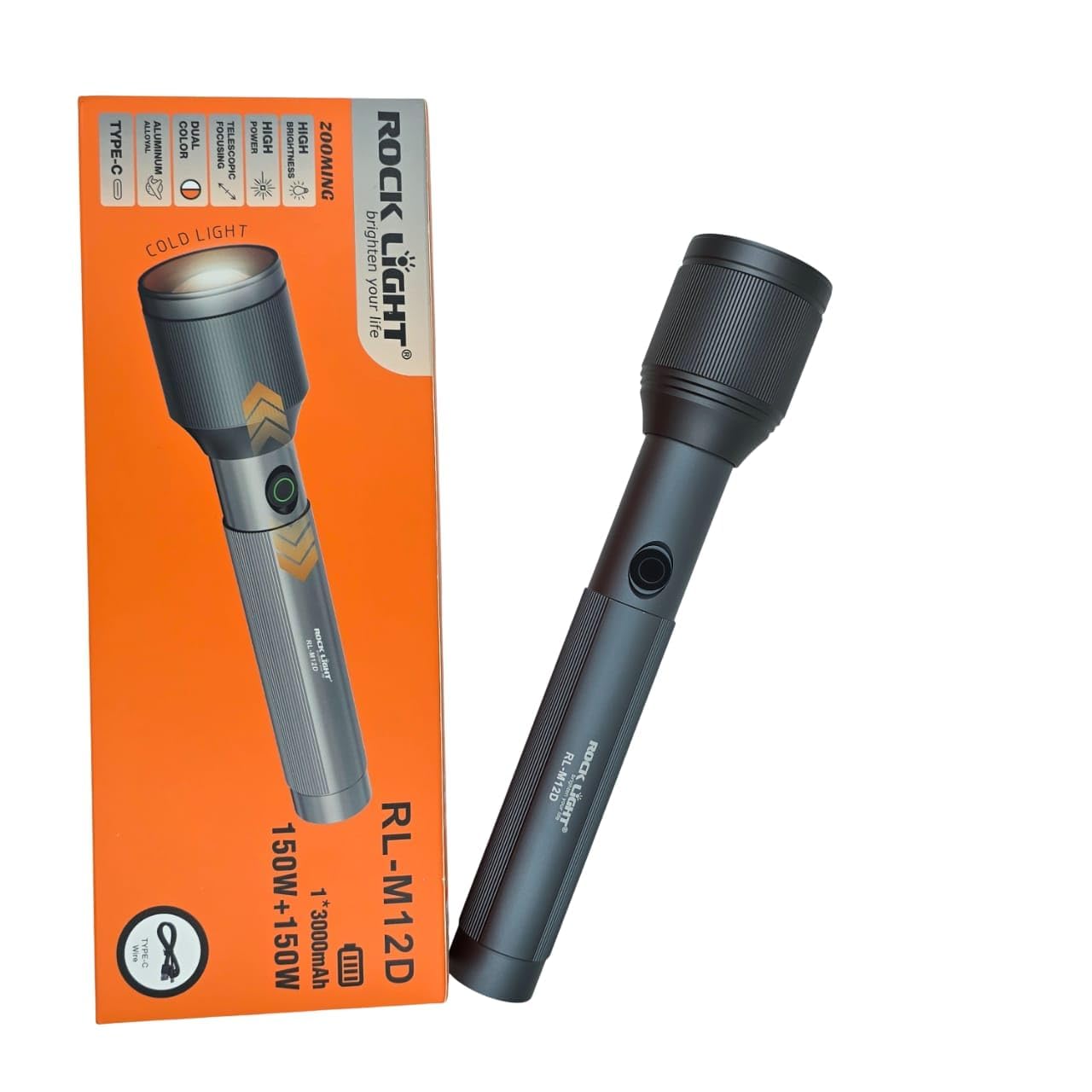 PICSTAR RL-M12D Heavy Duty Metal LED Flashlight | 150W+150W High Power Torch with Warm & Cold Light, Type-C Charging & Zoom Head-picture-27