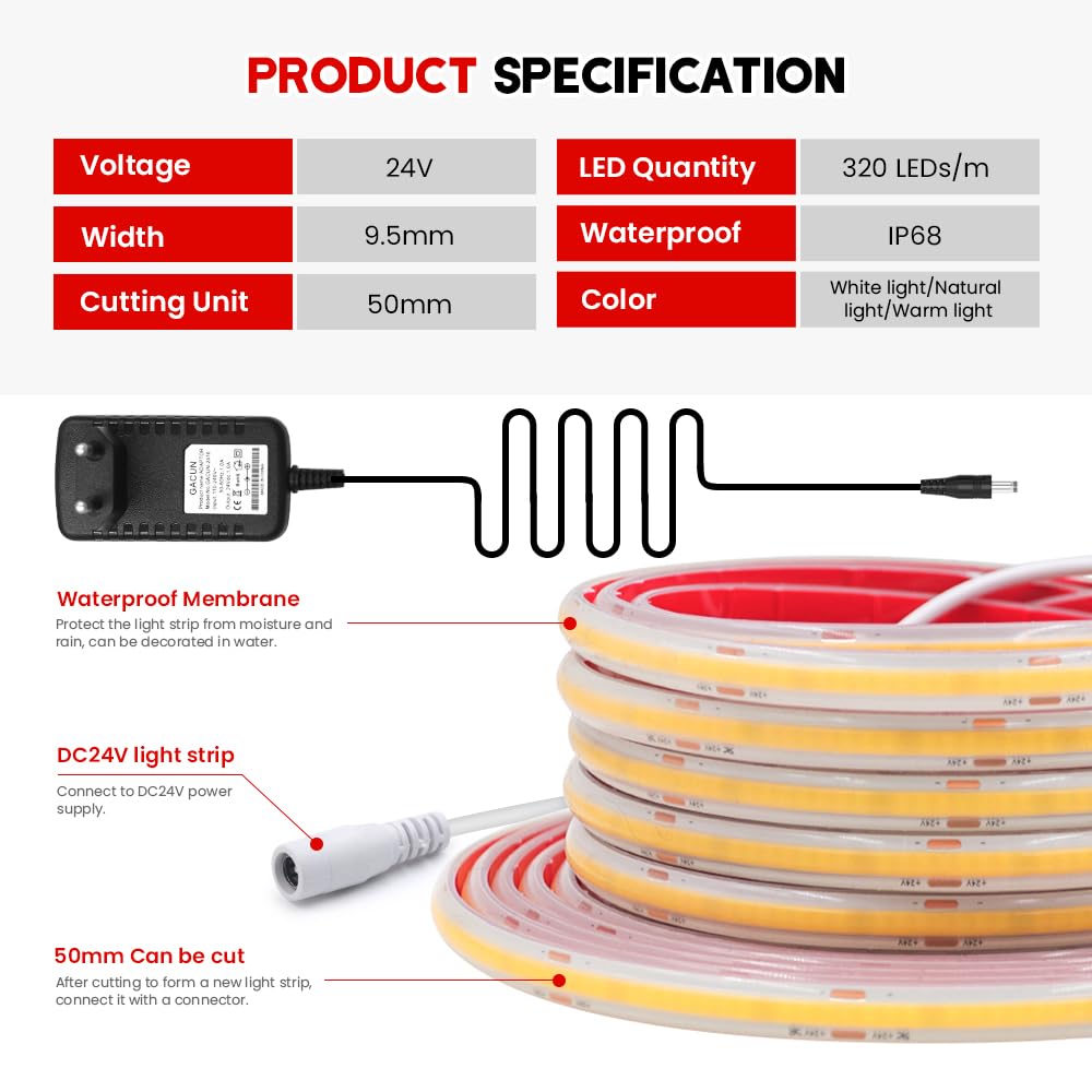 Tira LED COB 24V [50M, Blanco 6000-6500K], IP68 impermeable flexible, 320 LEDs/m tira LED FCOB cortable CRI90+, decoración interior y exterior para el hogar