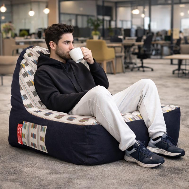 Image of Style Homez Urban Design Denim Canvas Ikat Printed Bean Bag XXL Size Filled with Beans Fillers