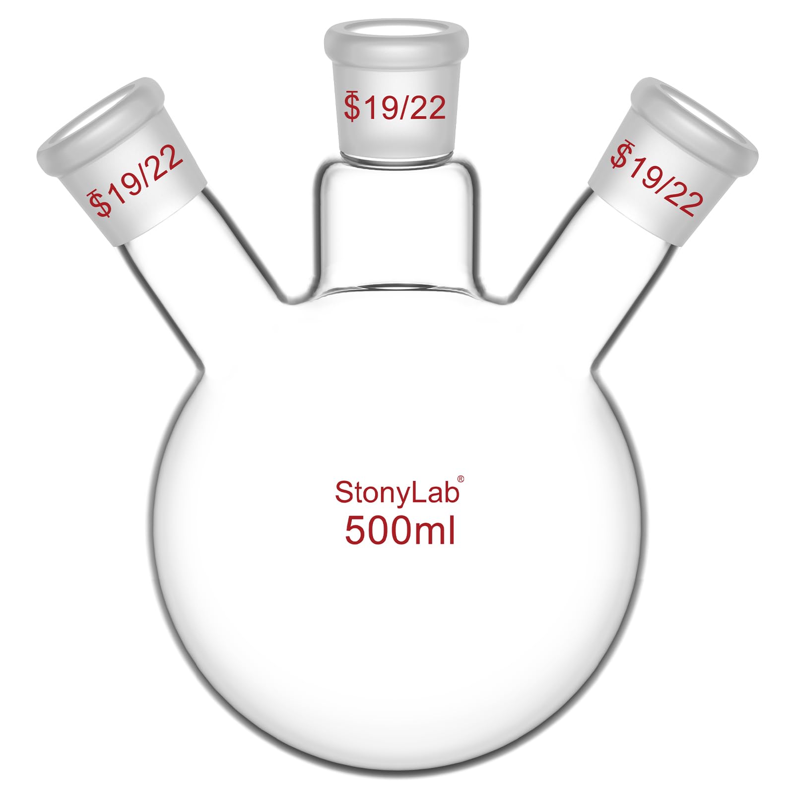 StonyLab 3 Hals Flask Rundkolben, Runde Boden Flask Borosilikat Glas Dreihalskolben Rundkolben RBF mit 19/22 Standard Taper Outer Joint, 3 Neck Round Bottom Flask - 500 ml