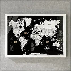 Quadro Box (c/Vidro) - Mapa-Múndi Preto e Branco (Black) + 100 Pins Alfinetes (45x32 / 63x45cm)