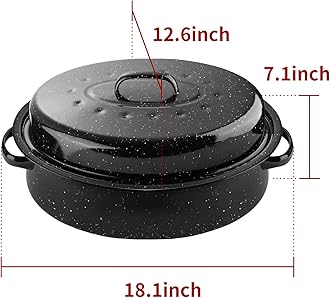 18Inch Roasting Pan, Enamel on Steel, Black Covered Oval Roaster Pan with Lid, Large Cookware for Turkey, Small Chicken, Roast Baking Pan.
