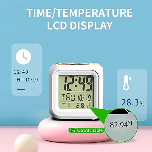 Miniatura 6 de Reloj despertador para niños, botones fáciles de usar, reloj de luz nocturna de 7 colores cambiantes, alarma fuerte, repetición, pequeño y ligero,