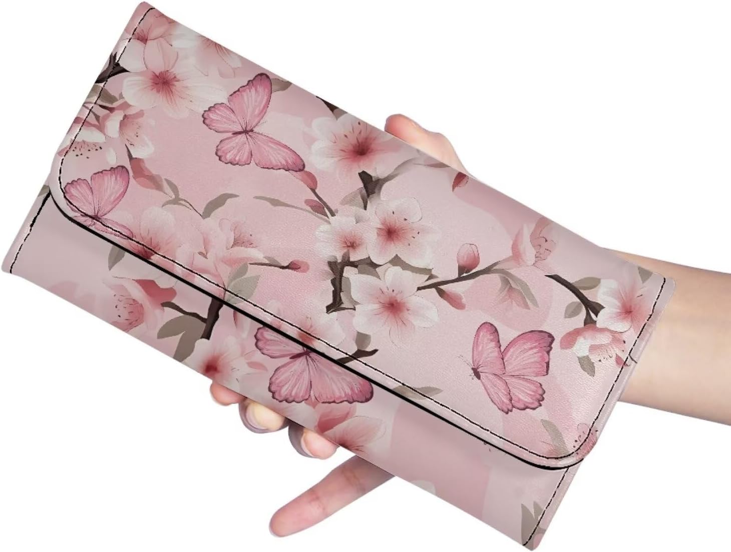 Binienty Pink Butterfly Leather Wallet for Women Cherry Blossom Custom Blocking Wallets Trifold Leather Purses, Luxury Clutch Wallet - Image 5