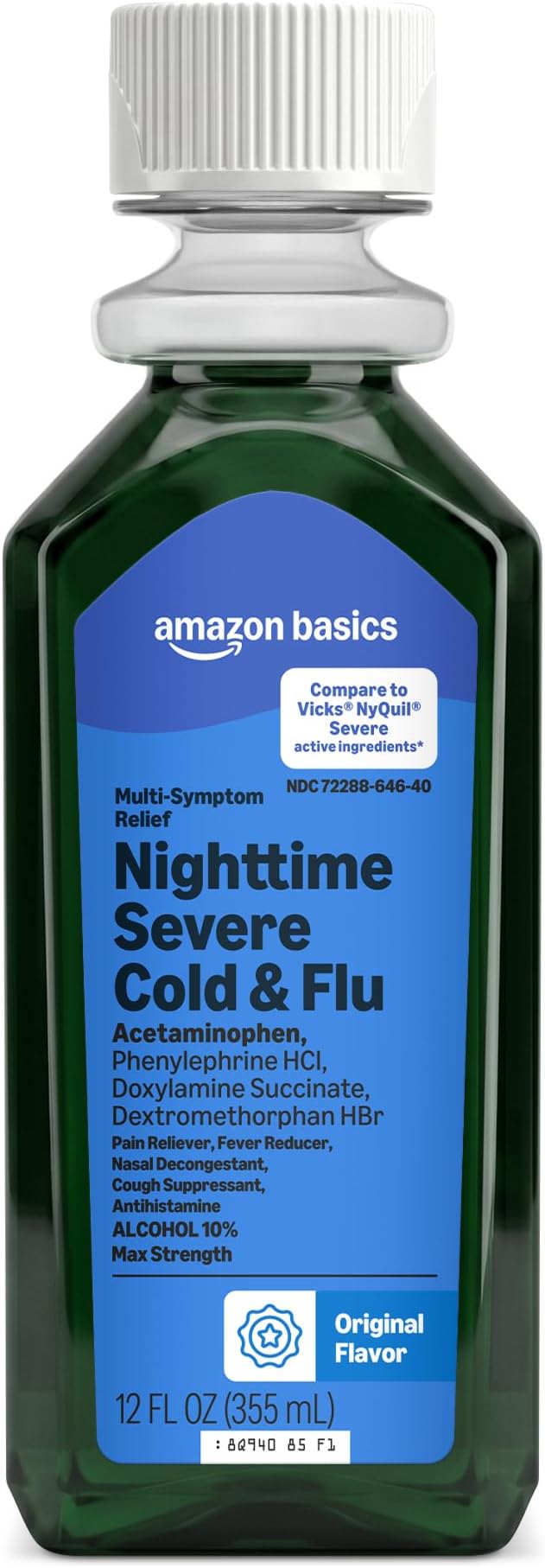 Amazon Basics Nighttime Severe Cold & Flu Liquid, Original, 12 fl oz (Pack of 1) (Previously Care)