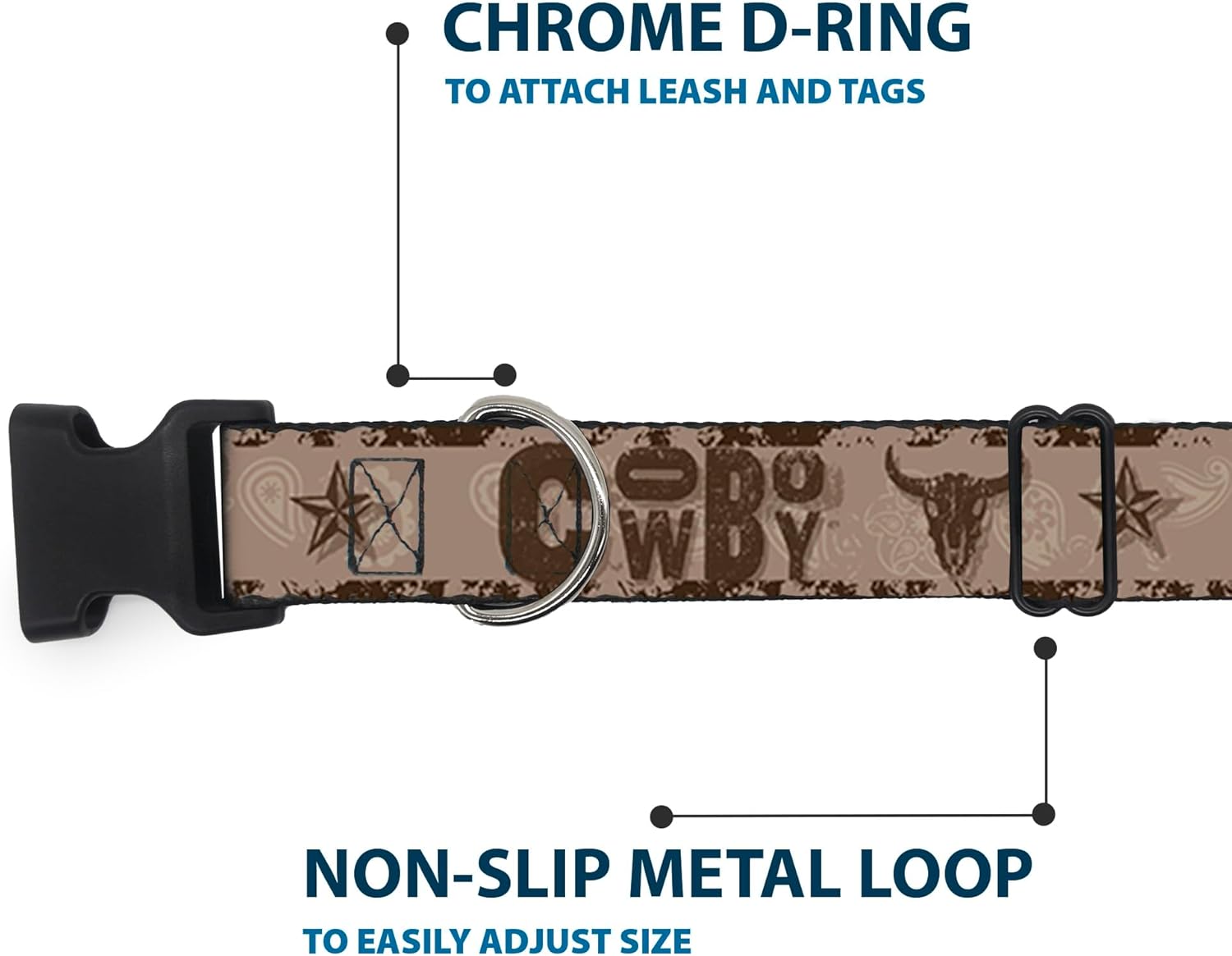 Buckle-Down Pet Collar, Dog Collar Plastic Buckle, Western Cowboy Icons Collage Tan Browns, 20 to 31 Inches 1.5 Inch Wide