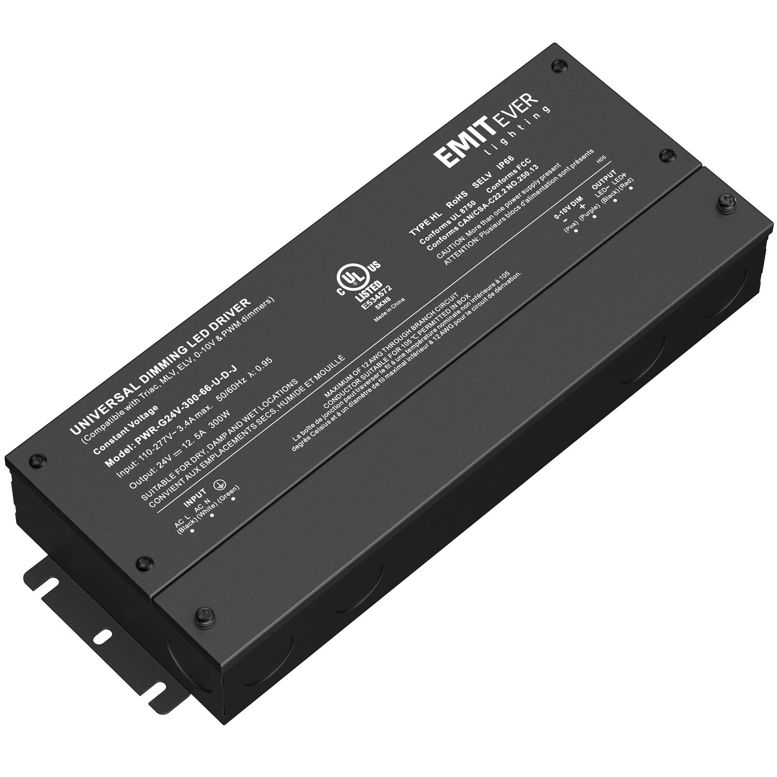 EMITEVER Driver LED dimmerabile 300W AC 110V-277V a DC 24V Trasformatore 5-in-1 Dimmerabile: ELV/MLV/TRIAC/0-10V/1-10V/10V PWM/potenziometro impermeabile IP67 e UL elencati