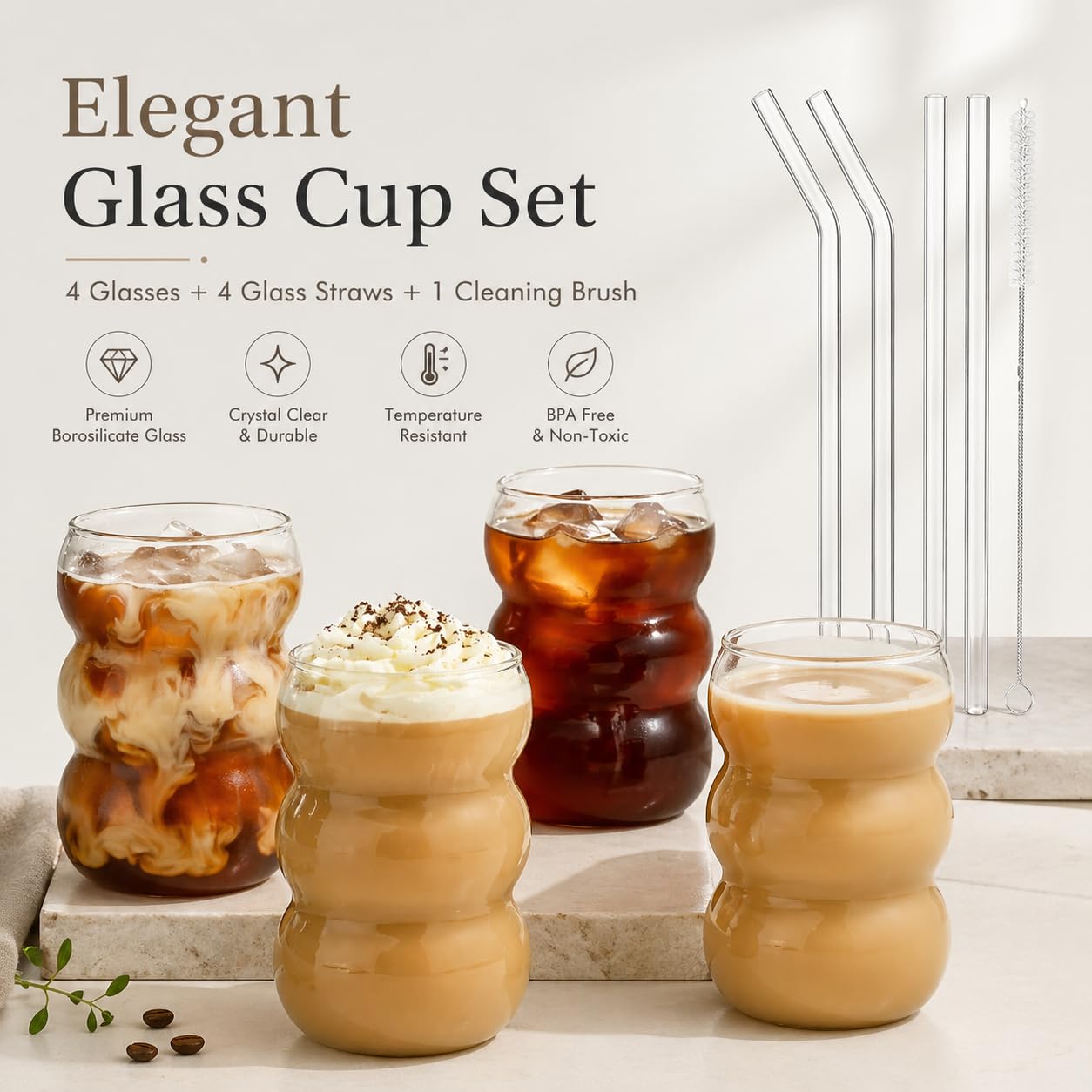 ALINK Juego de 4 vasos de burbuja, vasos acanalados de 550 ml, de cristal ondulado, para latte macchiato, vasos de café helado, vasos de cóctel