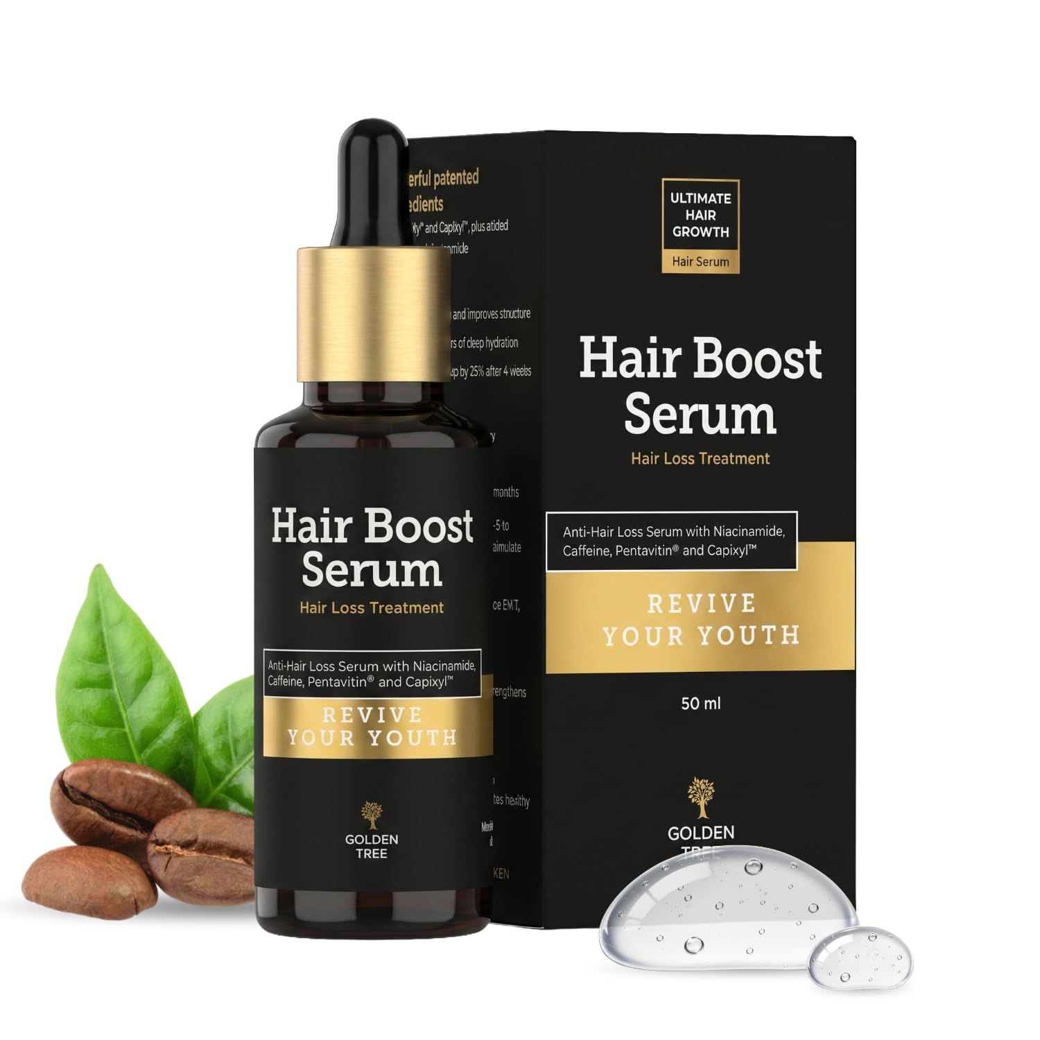 Golden Tree Hair Boost Serum – Haarserum, 50 ml | Koffein, Niacinamid, Saccharide Isomerate, Biochanin A & Rotklee-Extrakt, Haarwachstum Serum, Für dünner werdendes Haar