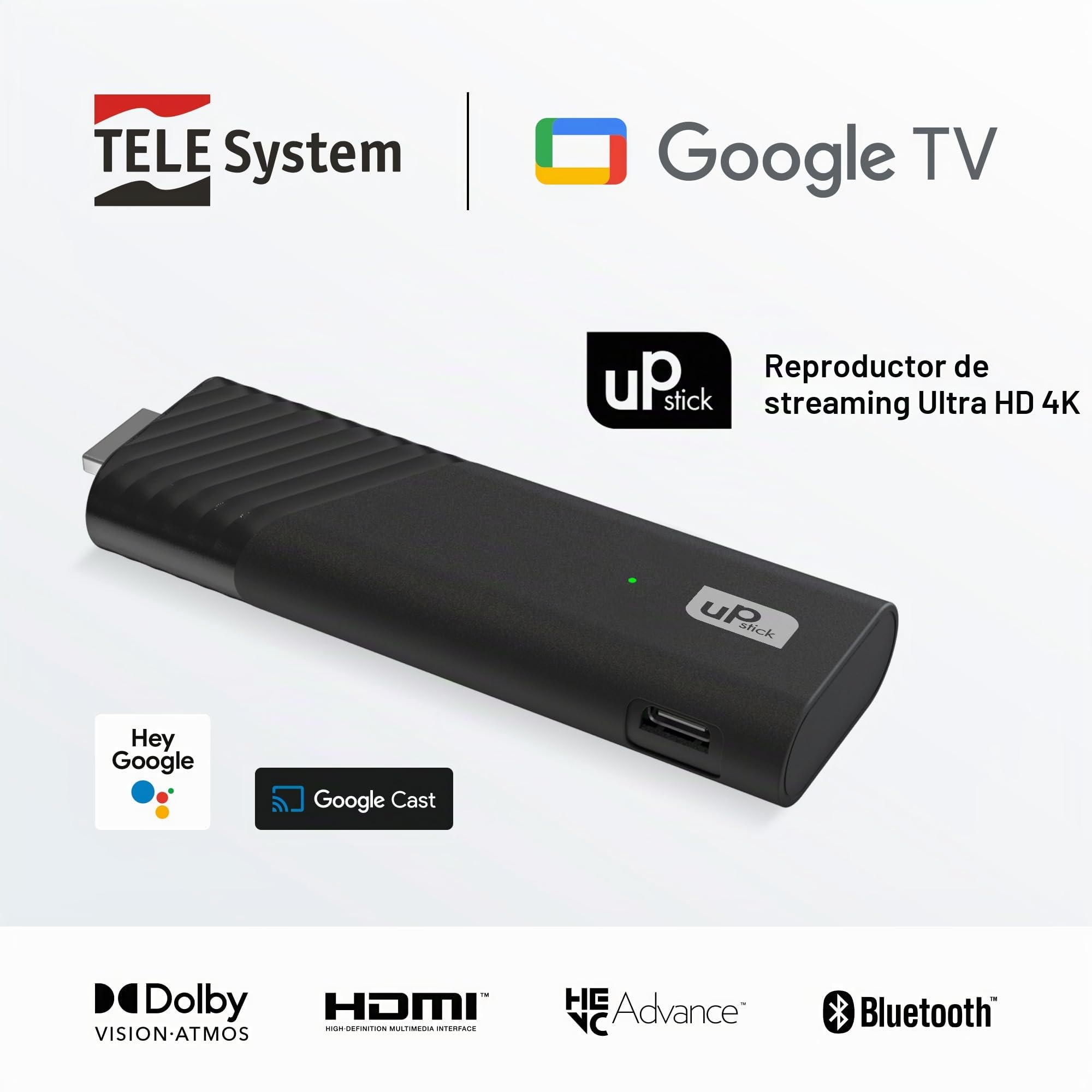 TELE System UP Stick Google TV 4K UHD HDMI,Wi-Fi de doble banda,Dolby Vision/Atmos,Asistente de Google,32 GB,HDR10+,mando a distancia con control por voz 2 en 1, streaming de los canales más populares