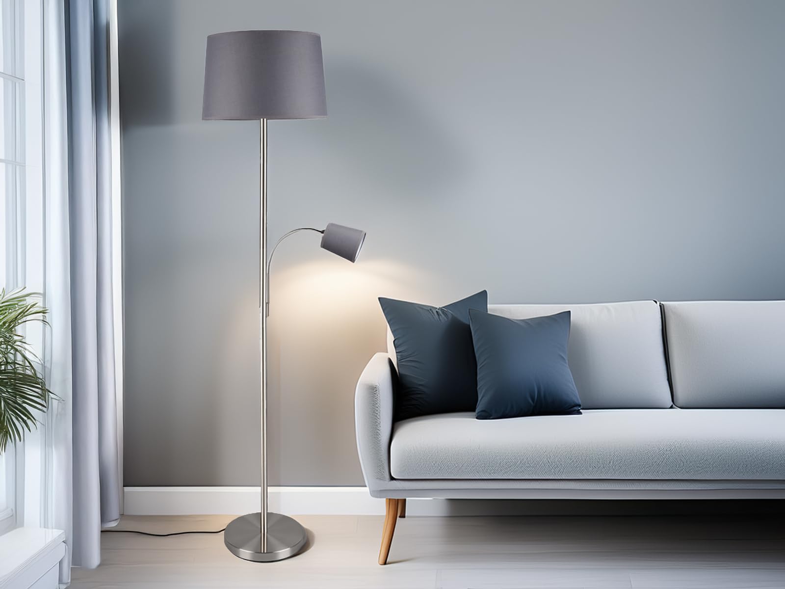 meineWunschleuchte Lampa podłogowa z lampką do czytania w kolorze srebrnym matowym z kloszem z tkaniny Ø40cm w kolorze szarym, SP1010218G