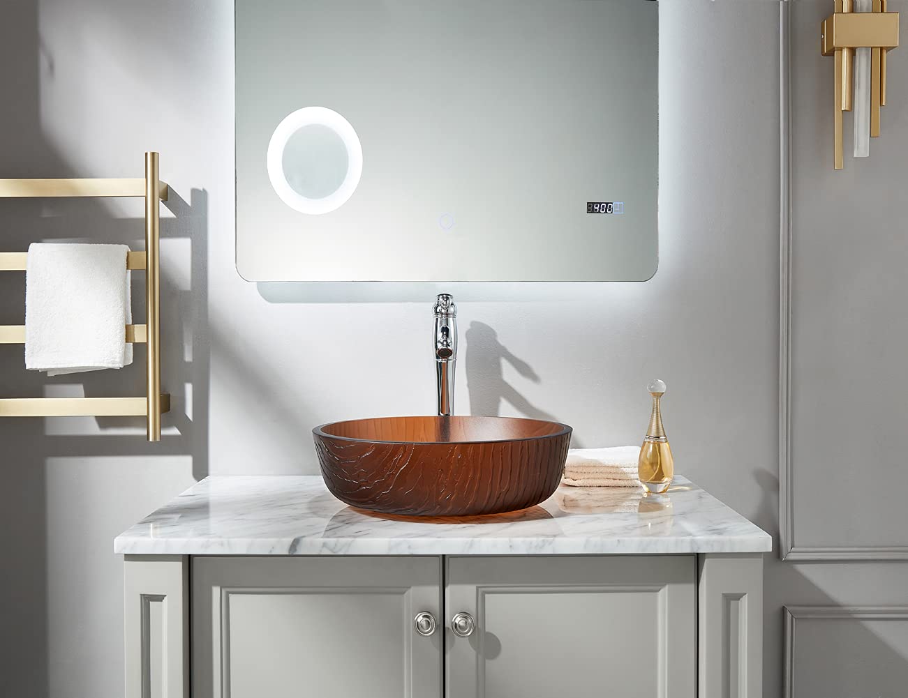 Littel Rock Series - Fregadero de vidrio templado Deco para baño en té mate | Fregaderos de montaje superior sobre encimera de tocador | Fregadero con drenaje desplegable | FW-LA639 3