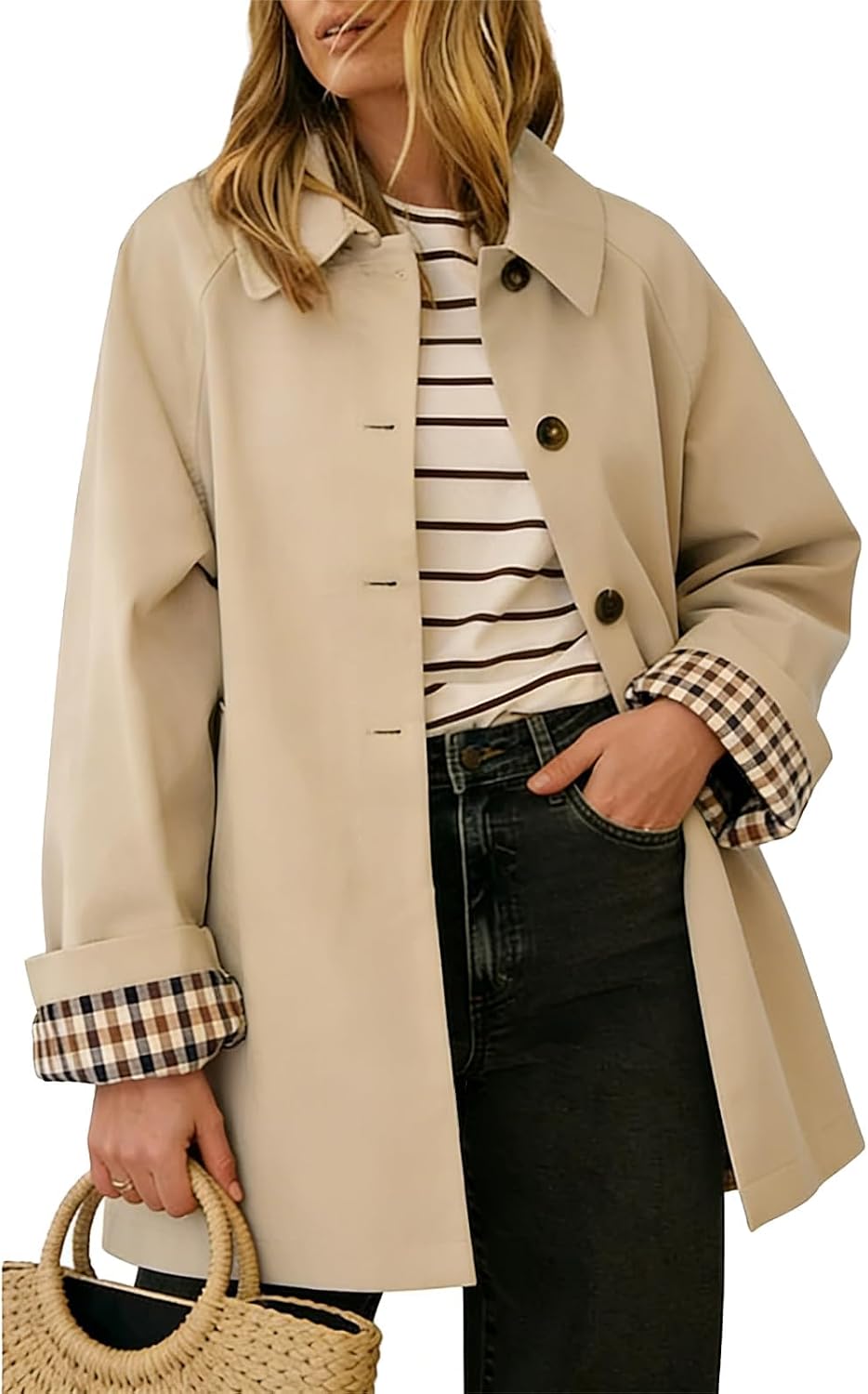 Womens Trench Coat Button Up Jacket Plaid Lined Lapel Coats | Plaid Lining, Button Down, 2 Pockets, Roll Up Sleeve, Relaxed Fit, Lightweight, Windbreak, Casual Trench Coats Outerwear