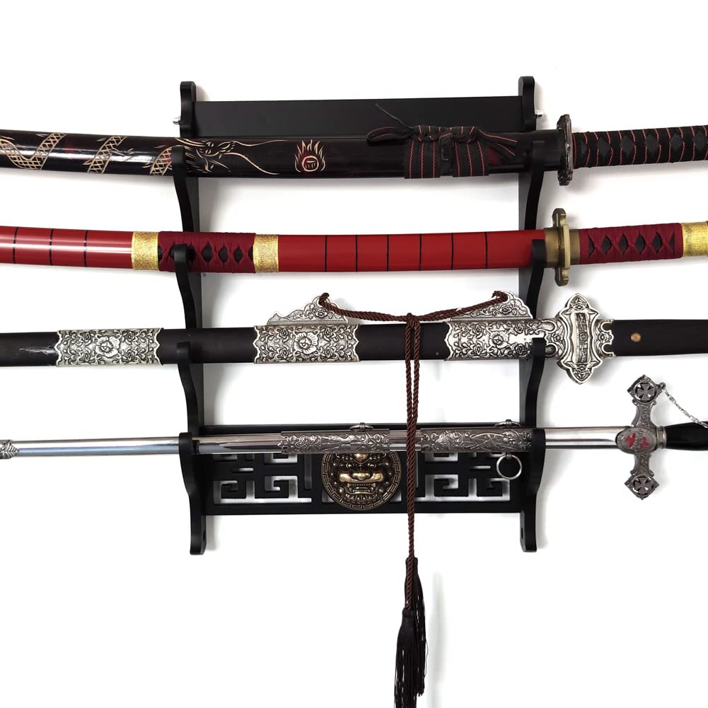 Uchwyt na miecz Katana Stojak ścienny Samurai Miecz Stojak Czerwony Aksamitny Styl dla Katana Wakizashi (4 poziomy)
