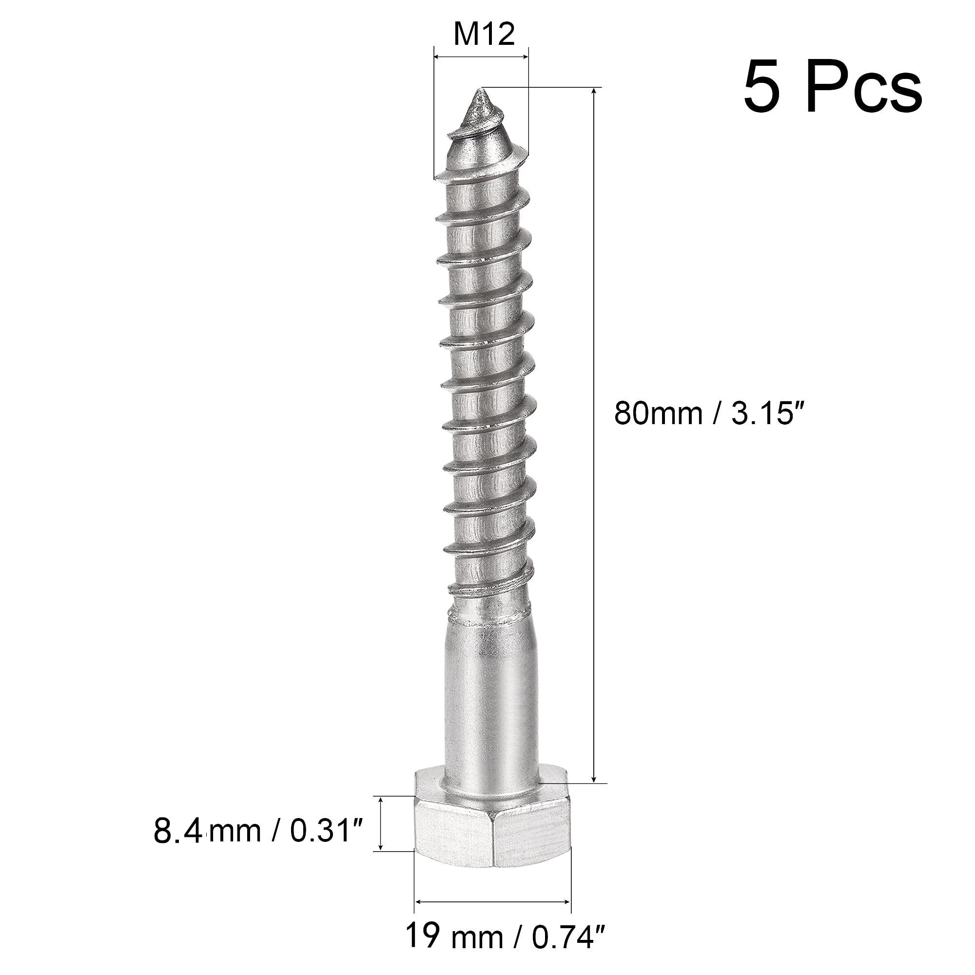 Unifizz 5 Pcs Hex Lag Screws, M12 x 80mm 304 Stainless Steel Wood Bolts - Image 2