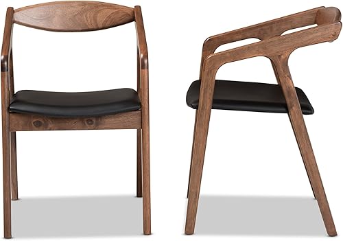 Miniatura 3 de Baxton Studio Harland Juego de sillas de comedor de 2 piezas tapizadas de piel sintética negra y acabado marrón nogal, juego de sillas de comedor