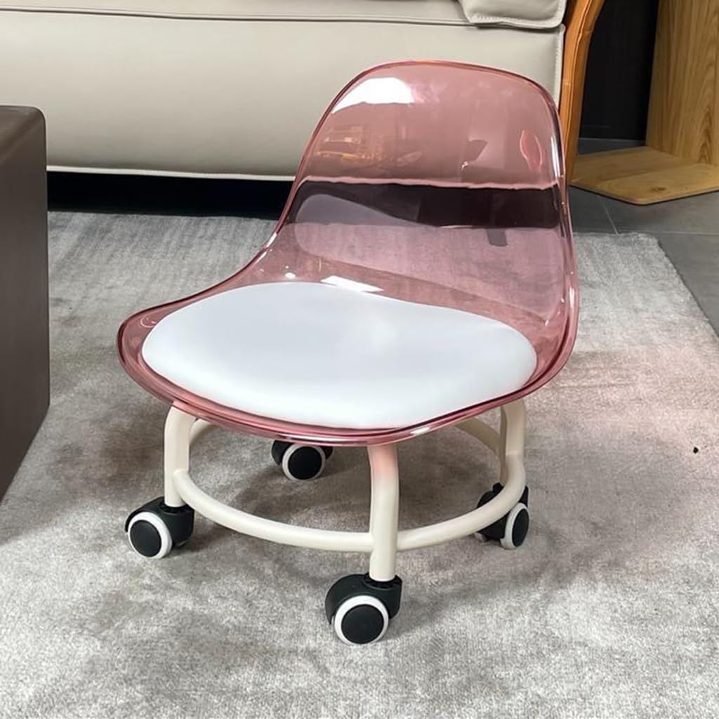 Low Rolling Transparent Stool, with Wheel and Acrylic Backrest, can 360 Degree Swivel, for Cleaning or Wiping The Floors, Garage, Outdoor Gardening (Color : Pink+White, Size : 32 * 37 * 44cm)