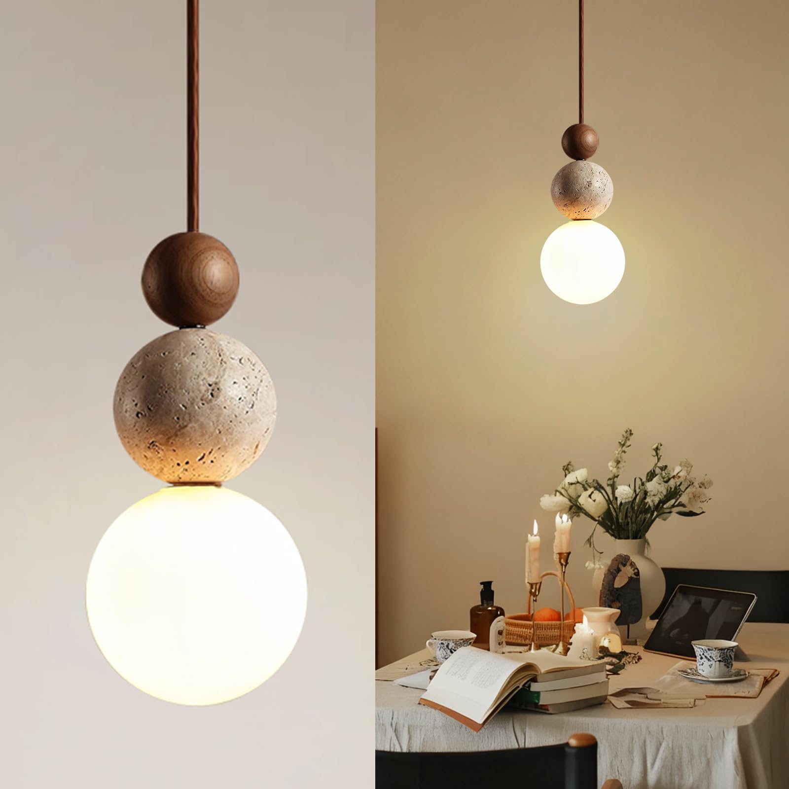 KlkrzJwy Nordic Yellow Travertine Pendant Lights Wabi-sabi Glass Hanging Lamp Bedside Mini Pendant Lighting LED 3000K Chandelier Adjustable Hanging Light Fixtures for Over Table Living Room Bedroom