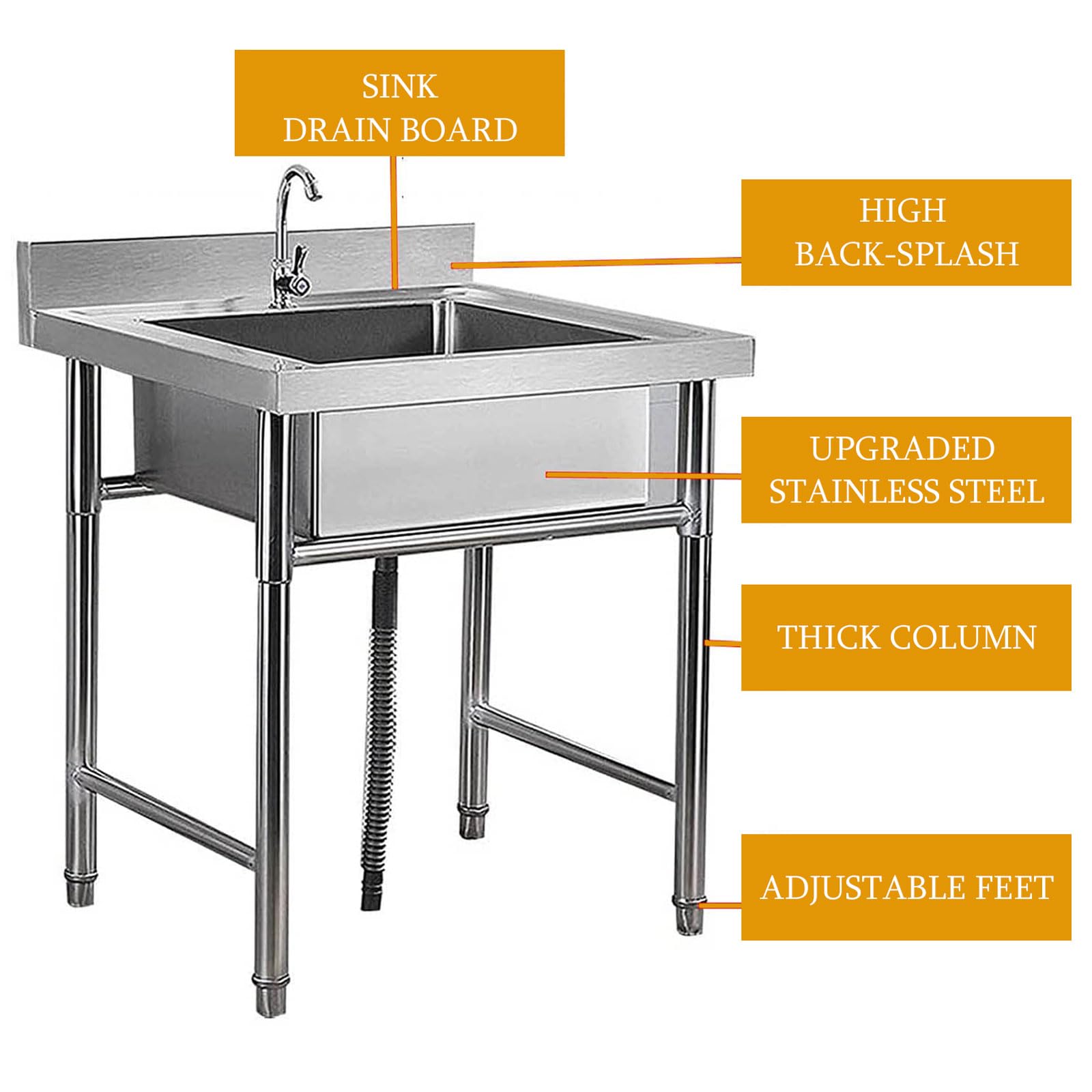 Lavello da Catering autoportante, lavello Commerciale in Acciaio Inox a Vasca Singola con Supporto, autoportante per Lavanderia, Garage, Interni ed Esterni.